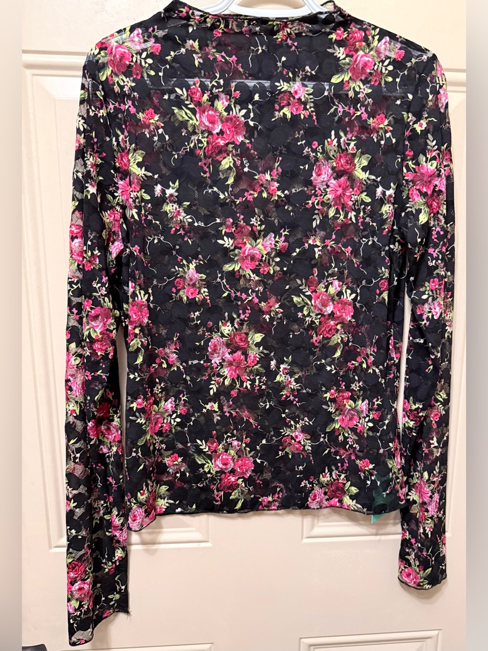 Mintreus Black Lace Long Sleeved Top with Pink Floral Print High Neck Size XL